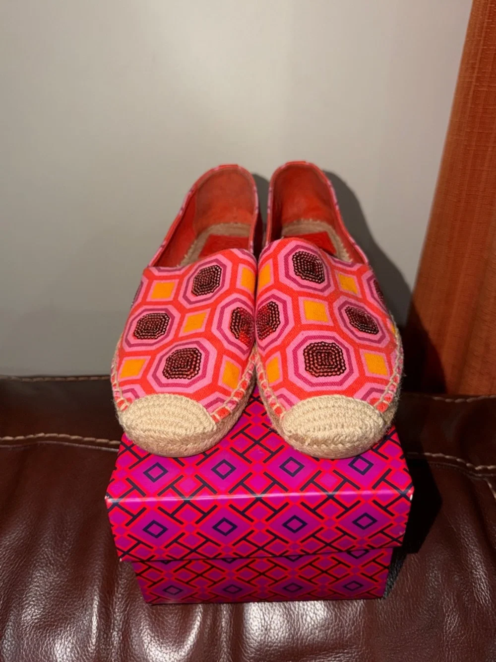 ‼️Tory Burch Cecily Embellished Espadrilles Flats geometric print with sequins